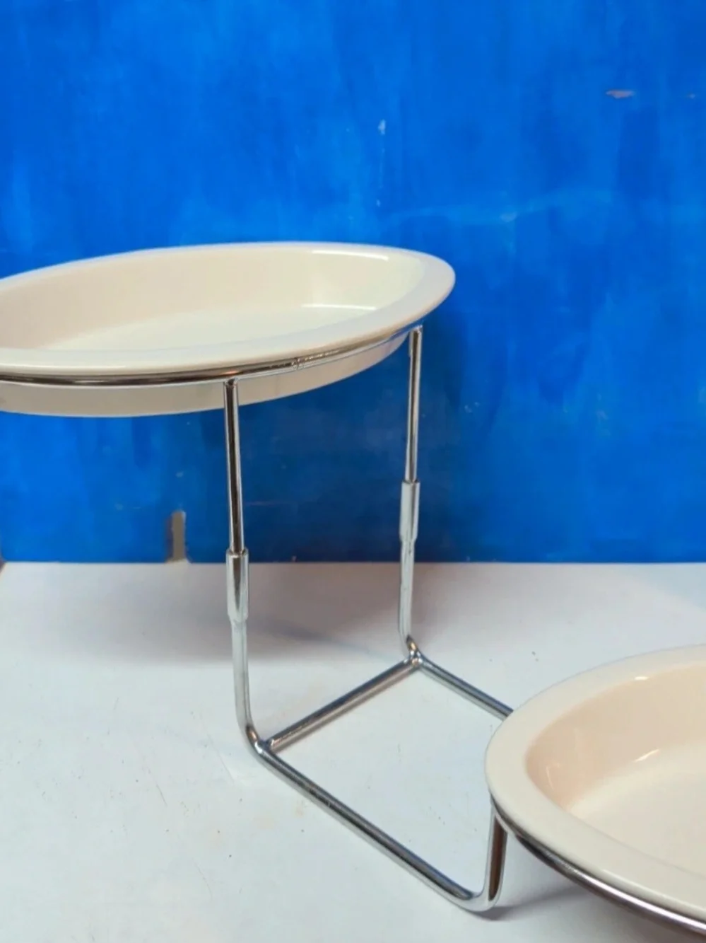 White Ceramic Round Serving Dish with Chrome Stand - Set of 3